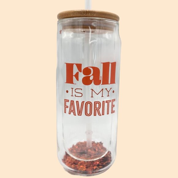 NEW FALL IS MY FAVORITE DBL GLASS TUMBLER CONFETTI LEAVES BAMBOO LID & STRAW - Picture 2 of 7